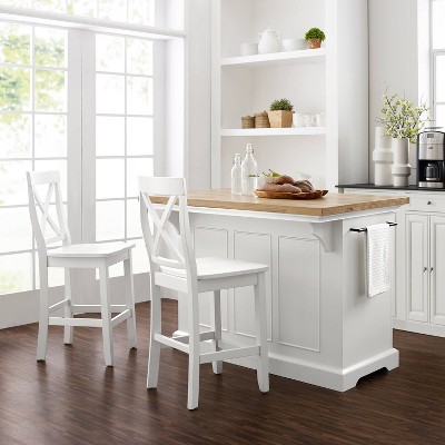 Julia 50'' White Kitchen Island Set with 2 X-Back Stools