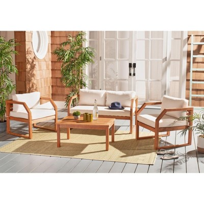 Natural Eucalyptus Wood 4-Piece Outdoor Living Set with Beige Cushions