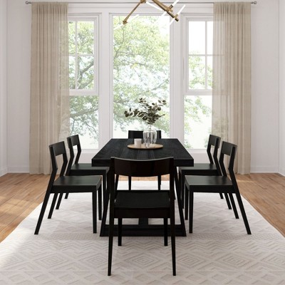 Black Wirebrush Solid Pine Wood Dining Table Set with 6 Chairs