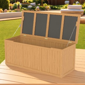 Lyngins 67 Gallon Wooden Deck Box, Weather-Resistant Outdoor Storage Box, Dual-Purpose Seat/Table, Hinged Lid with Thumb Groove, Natural Wood Finish - 1 of 4