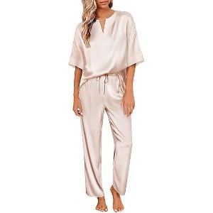 Ekouaer Satin Pajama Set Womens Silk Short Sleeve V Neck Shirt with Long Pant Soft Loungewear Pjs Set - 1 of 4
