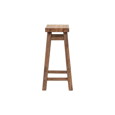 Rustic Acacia Wood Saddle Counter Stools, Barnwood Wire-Brush - Set of 2