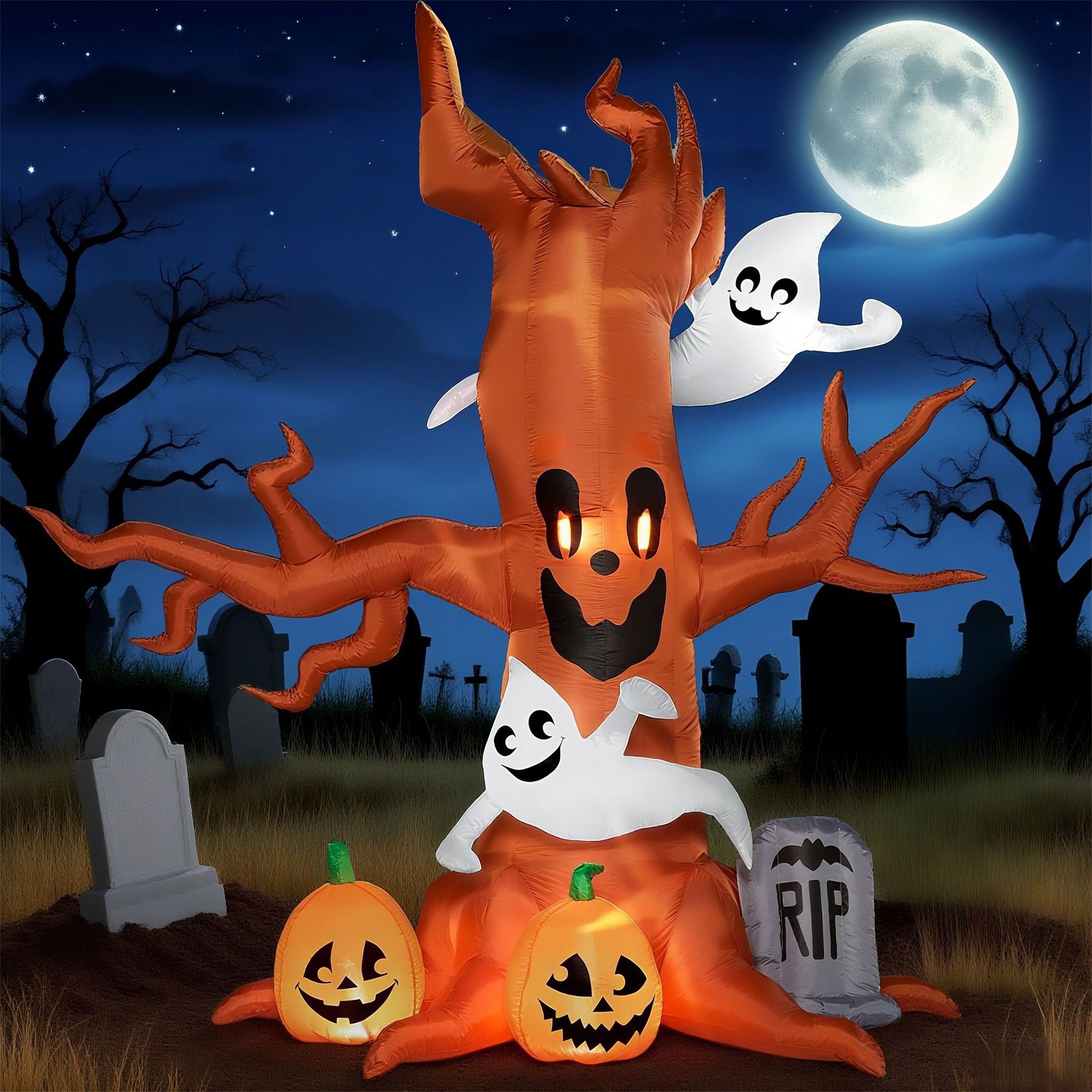 Joyfy 8 FT Halloween Inflatable Outdoor Decorations, Scary Tree with Ghost Pumpkin and Tombstone Inflatables with LEDs for Yard Garden Lawn Decoration
