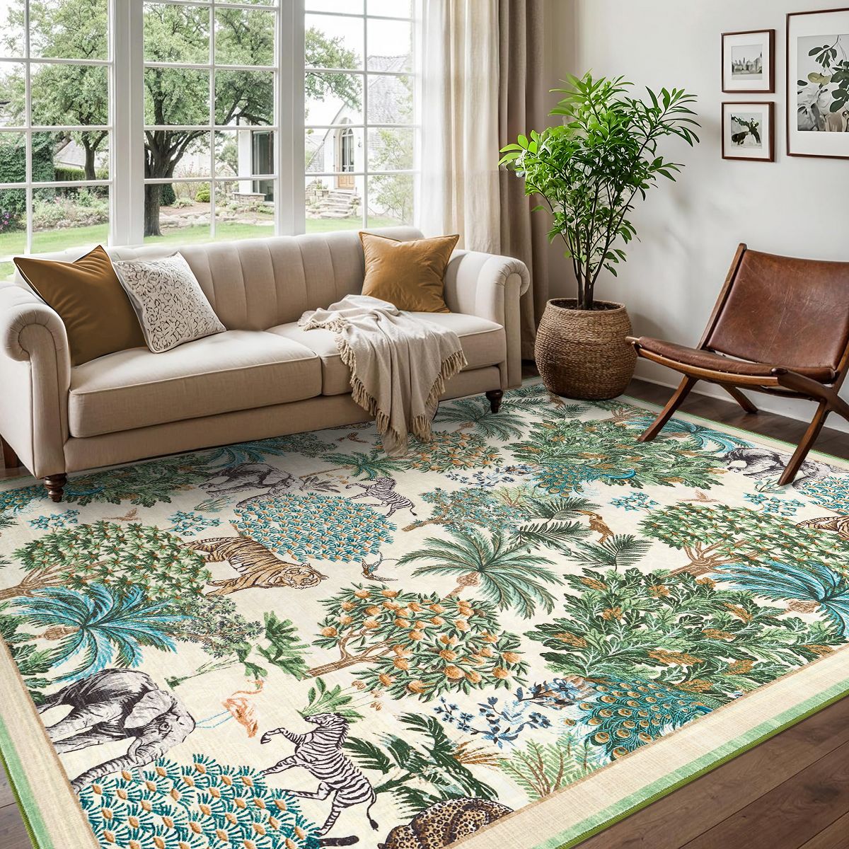 Forest Rug Washable Area Rugs for Living Room Bedroom Jungle Animal Print Rug Soft Non Slip Low Pile Throw Rug