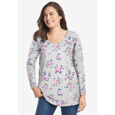 Woman Within Plus Size Perfect Printed Long-Sleeve V-Neck Tee