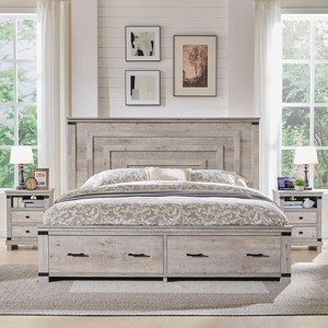 SinCiDo Queen Size Farmhouse Bed Frame, 54" Tall Geometric Headboard & 2 Storage Drawers ,Solid Wood Platform w/Reinforced Slats - 1 of 4
