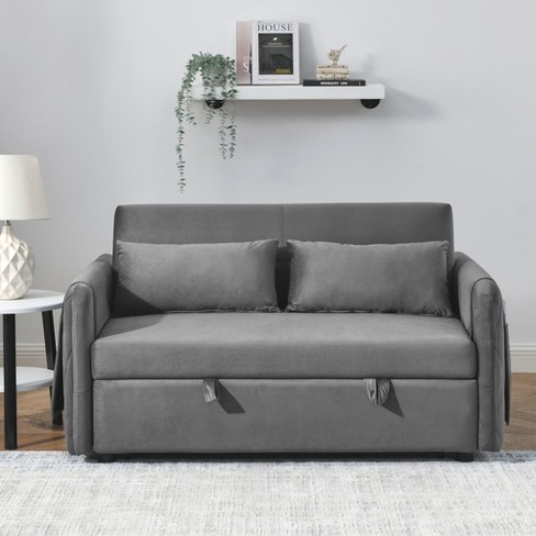 Modern Convertible Sofa Bed with Adjustable Backrest and 2 Lumbar Pillows,  Velvet Loveseat Sleeper Sofa Couch with Pull-Out Bed for Small Spaces