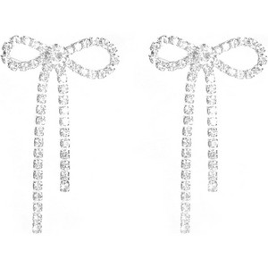 Bow Earrings for Women Rhinestone Long Tassel Earrings Ribbon Bow Drop Earring Silver Stainless Steel Dangle Earrings Cute Sparkly Jewelry - 1 of 4