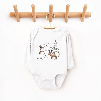 The Juniper Shop Deer Snowman Scene Baby Long Sleeve Bodysuit