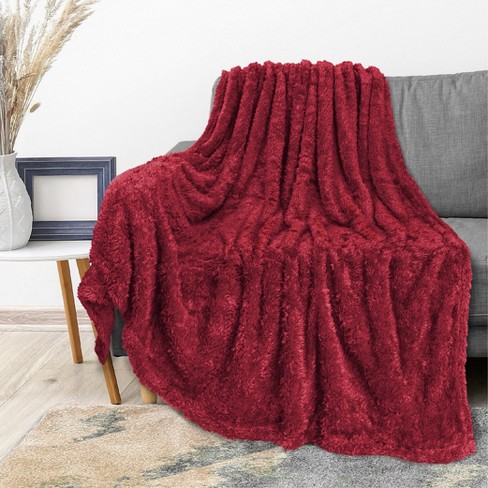 PAVILIA Plush Throw Blanket for Couch Bed Faux Shearling Blanket and Throw for Sofa Home Decor Dark Red Throw 50x60