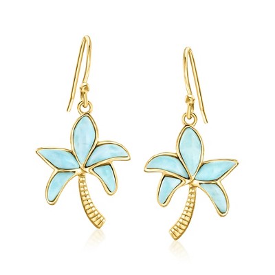 Ross-Simons Larimar Palm Tree Drop Earrings in 18kt Gold Over Sterling