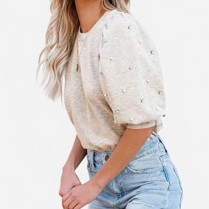 Amaryllis Women's Embellished Puff Sleeve Sweatshirt Pearl and Rhinestone Detail Relaxed Fit Chic Casual Pullover - 1 of 4
