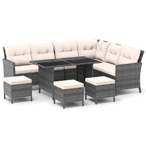 Tangkula Set of 7 Dining Furniture Set PE Rattan Sectional Sofa Set Patio Off White - 1 of 4
