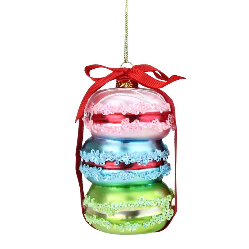 Northlight 4.5" Pink, Blue and Green Glass Macaroons with Red Ribbon Christmas Ornament, 1 of 3