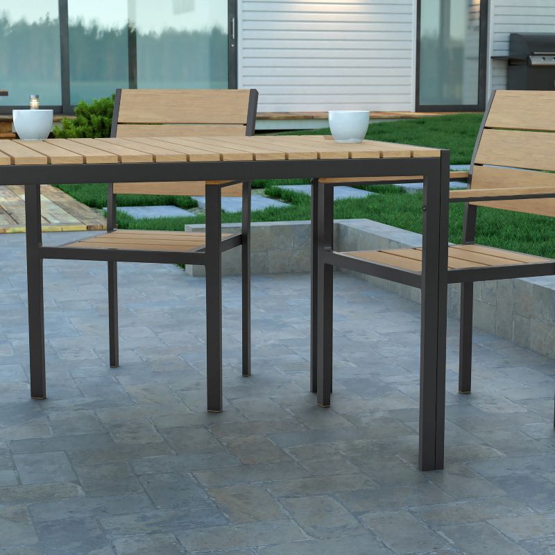 Emma and Oliver 55" x 31" Outdoor Dining Table with Faux Teak Poly Slat Top and Metal Frame, 5 of 12