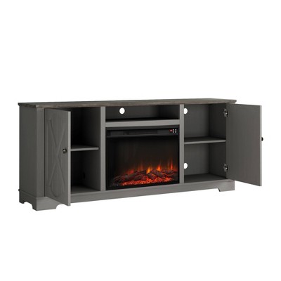 Gray Farmhouse TV Stand with Fireplace and Storage Cabinets