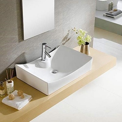 White Ceramic Rectangular Vessel Sink with Faucet Hole