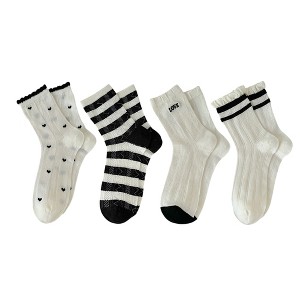 Anna-Kaci 4 Pairs Women's Crew Socks with Black and White Patterns Soft Cotton Texture Heart and Stripe for Flats and Dress Shoes - 1 of 4