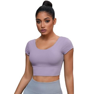 INSPIRE CHIC Women's U Neck Short Sleeve Deep V Back Workout Tank Tops with Bulit in Bra - 1 of 4