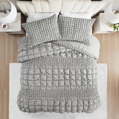 Madison Park Full/Queen 3pc Josie Striped Ruched Microfiber Comforter Set Gray: Hypoallergenic Bedding, Shabby Chic Style