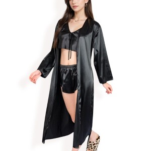Anna-Kaci Lounge Women's Satin Pajama Set with Long Robe, Cami, Shorts, and Tie Waist- Black,Small - 1 of 4