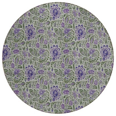 Olive Green Sage And Purple Floral Washable Indoor Outdoor Area Rug