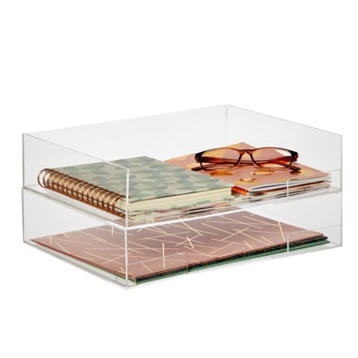 Okuna Outpost 2 Pack Stackable Acrylic Paper Tray, File Organizer for Desk Organization, Clear, 12.75x10.5x2.8 in