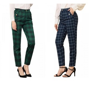 INSPIRE CHIC Women's Vintage Tartan Plaid Elastic Waist Straight Long Trousers 2 Packs - 1 of 4