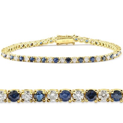 Pompeii3 5ct Blue Sapphire & Diamond Genuine Tennis Bracelet 14K Yellow Gold