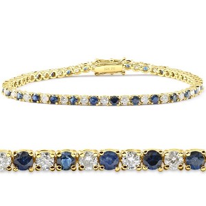 Pompeii3 5ct Blue Sapphire & Diamond Genuine Tennis Bracelet 14K Yellow Gold - 1 of 4