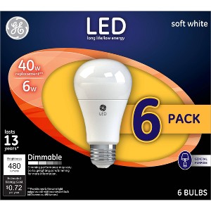 GE 6pk 40W Soft White A19 LED Light Bulb: Dimmable, Energy Star Certified, 2700K, 480 Lumens, E26 Base, 13.7-Year Life - 1 of 4