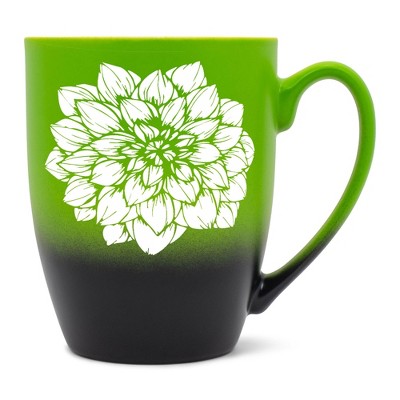 Elanze Designs Botanical Floral Nature Coffee Cup Mug 12 Ounce Ceramic With Ombre Gradient Elegant Minimalist Dahlia Flower Silhouette Green and Black