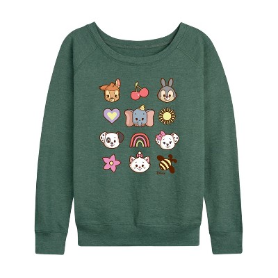 Women's - Disney Classics - Character Group With Icons Lightweight French Terry Wide Neck Long Sleeve Shirt
