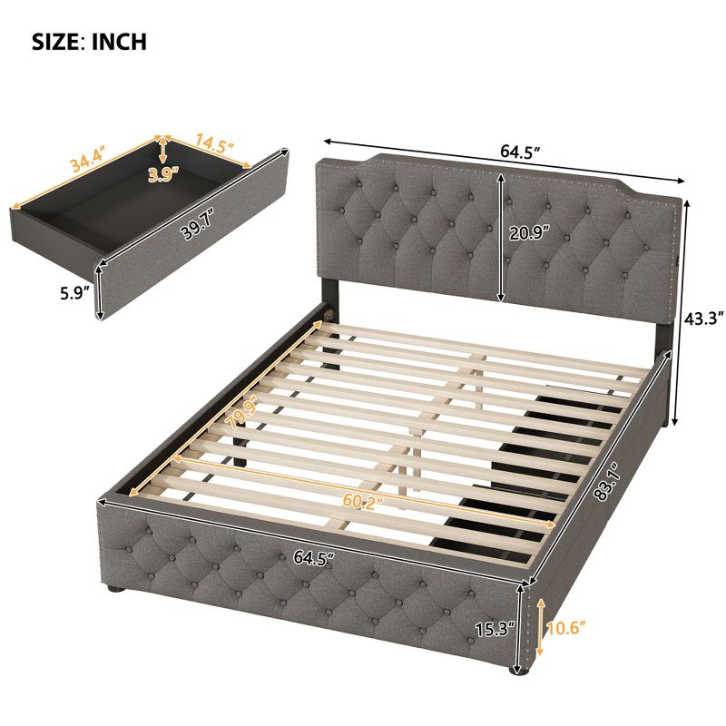 Queen Size Upholstered Platform Bed with USB Ports and Twin Size Trundle Bed/2 Drawers-ModernLuxe, 3 of 12
