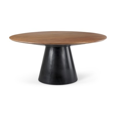 HomeRoots 63" Brown and Black Solid Wood and Metal Pedestal Base Round Top Dining Table