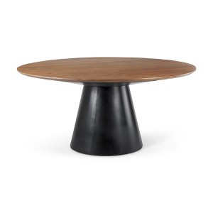HomeRoots 63" Brown and Black Solid Wood and Metal Pedestal Base Round Top Dining Table - 1 of 4