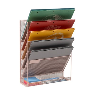 Mind Reader 5-Tier Vertical File Storage, Desktop Organizer, Wall Mount, Office, Metal Mesh, 12.75"L x 4"W x 16"H, Pink