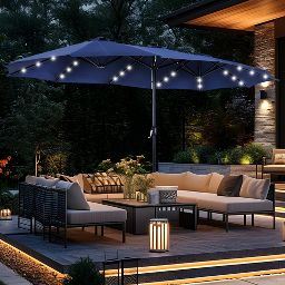 Captiva Designs 15ft Double-Sided Patio Umbrella with Base, Solar LED Lights, Outdoor Rectangle Market Umbrella