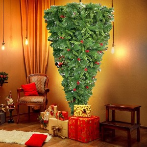 LOVMOR Upside Down Christmas Tree with LED Warm Lights, Halloween-themed Ornaments and Satin Ribbon - 1 of 4