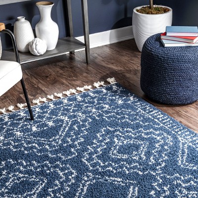 Vasiliki Blue and Ivory Geometric Shag Rectangular Area Rug