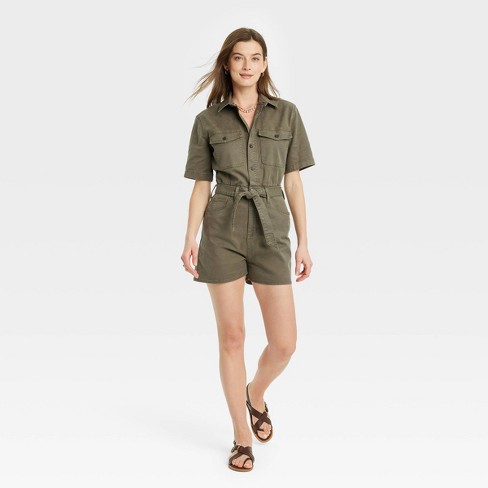 Women s Short Sleeve Denim Romper Universal Thread Olive Green Target