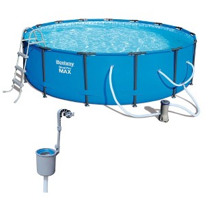Bestway 56687E Steel Pro Max 15ft x 42in Outdoor Round Frame Above Ground Swimming Pool Set with 1000 GPH Filter Pump, & Ladder, Blue w/ Cleaning Kit - 1 of 4