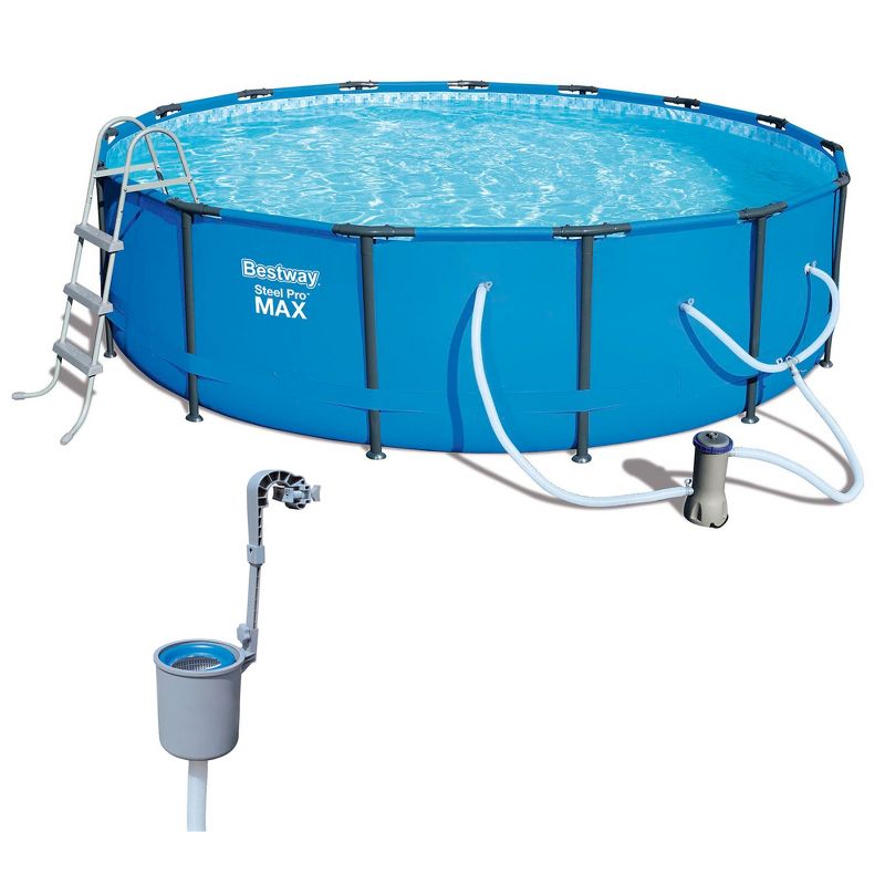 Bestway 56687E Steel Pro Max 15ft x 42in Outdoor Round Frame Above Ground Swimming Pool Set with 1000 GPH Filter Pump, & Ladder, Blue w/ Cleaning Kit, 1 of 7