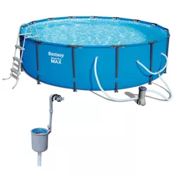 Bestway 56687E Steel Pro Max 15ft x 42in Outdoor Round Frame Above Ground Swimming Pool Set with 1000 GPH Filter Pump, & Ladder, Blue w/ Cleaning Kit