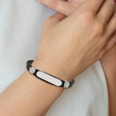 Chisel Stainless Steel Polished with Preciosa Crystal Black Woven Leather 7" ID Bracelet