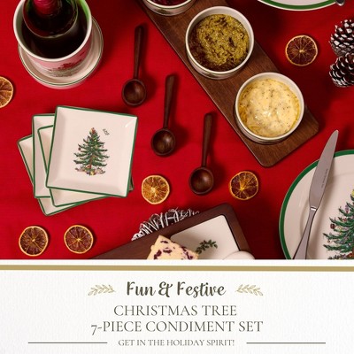 15" Beige and Green Ceramic Christmas Condiment Bowl Set with Wood Tray