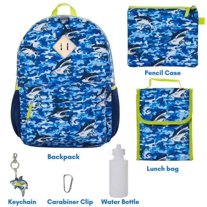 RALME Ocean Blue Camo Shark Backpack Set for Boys, 16 inch, 6 Pieces - Includes Foldable Lunch Bag, Water Bottle, Key Chain, & Pencil Case, 2 of 10