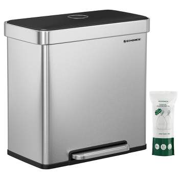 SONGMICS Kitchen Trash Can, 16 Gallon (2 x 8 Gallon) Dual Compartment Garbage Can, 60L Pedal Recycling Bin, Stainless Steel, 15 Trash Bags Included