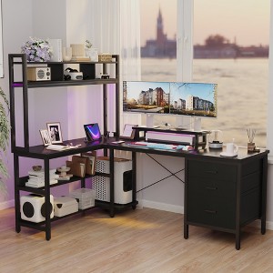 Besiost 60"L Shaped Computer Desk with Hutch, Power Outlets, LED Lights & Storage Drawers - 1 of 4