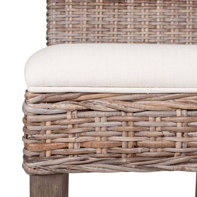 White Upholstered Rattan Counter Stool with Wooden Base